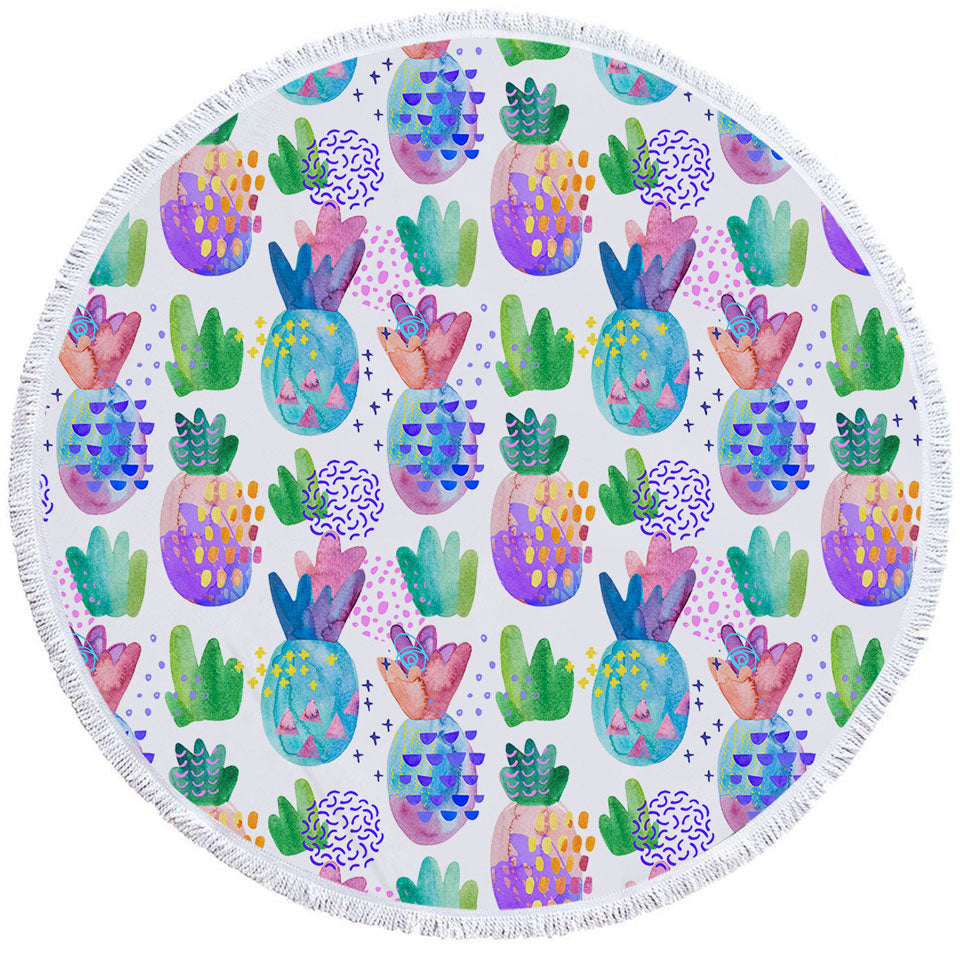 Multi Colored Pineapples Round Beach Towel