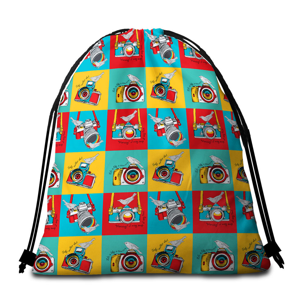 Multi Colored Retro Beach Bags and Towels Cameras and Birds