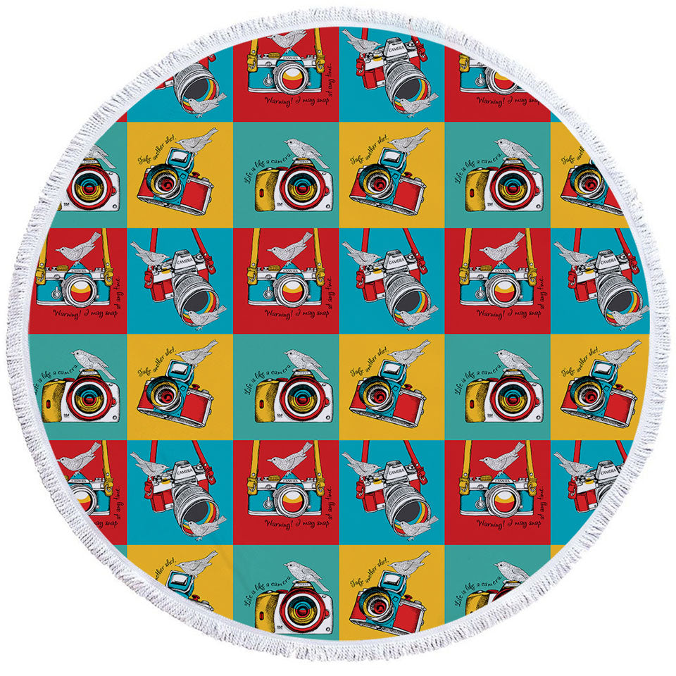 Multi Colored Retro Circle Beach Towel Cameras and Birds