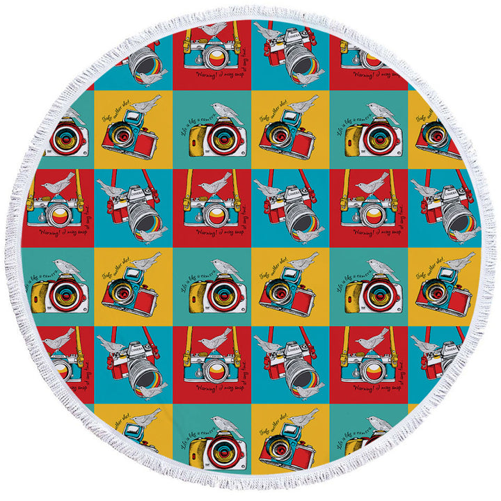 Multi Colored Retro Circle Beach Towel Cameras and Birds