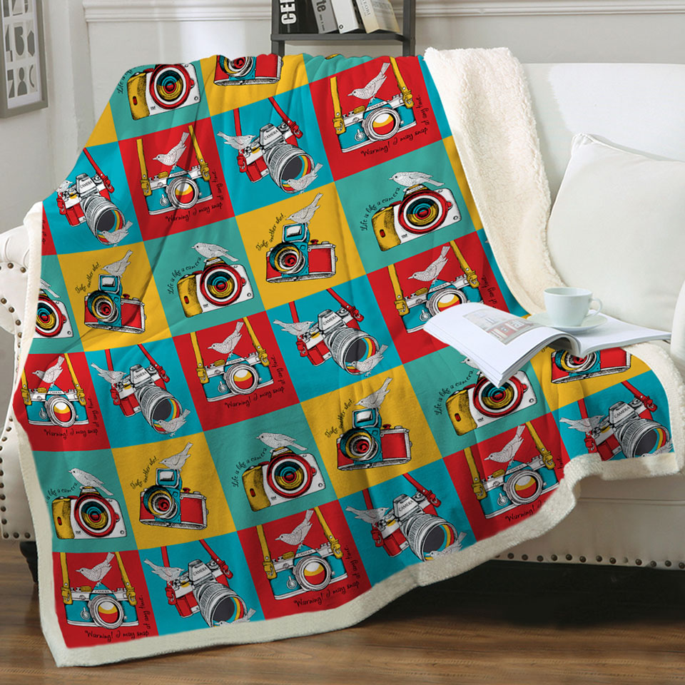 Multi Colored Retro Decorative Throws Cameras and Birds