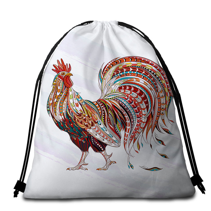 Multi Colored Rooster Packable Beach Towel