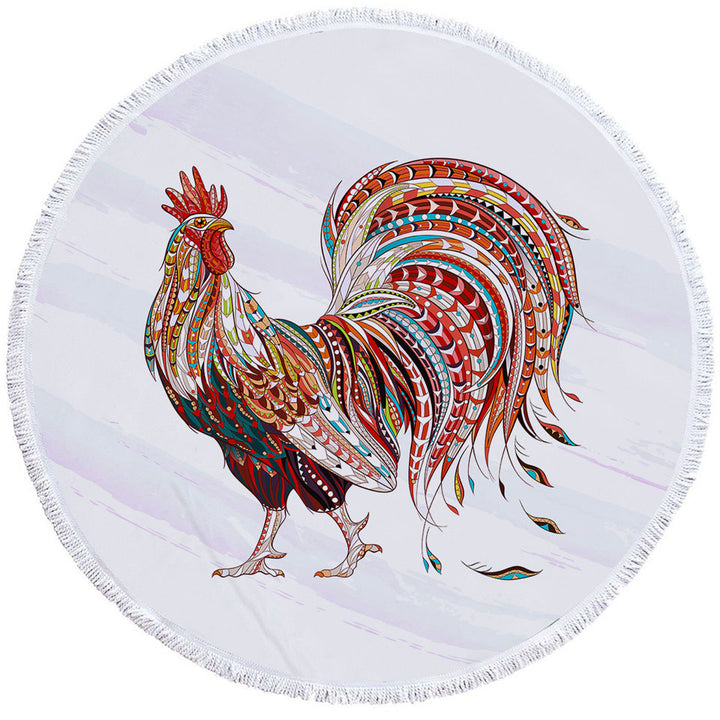 Multi Colored Rooster Round Beach Towel