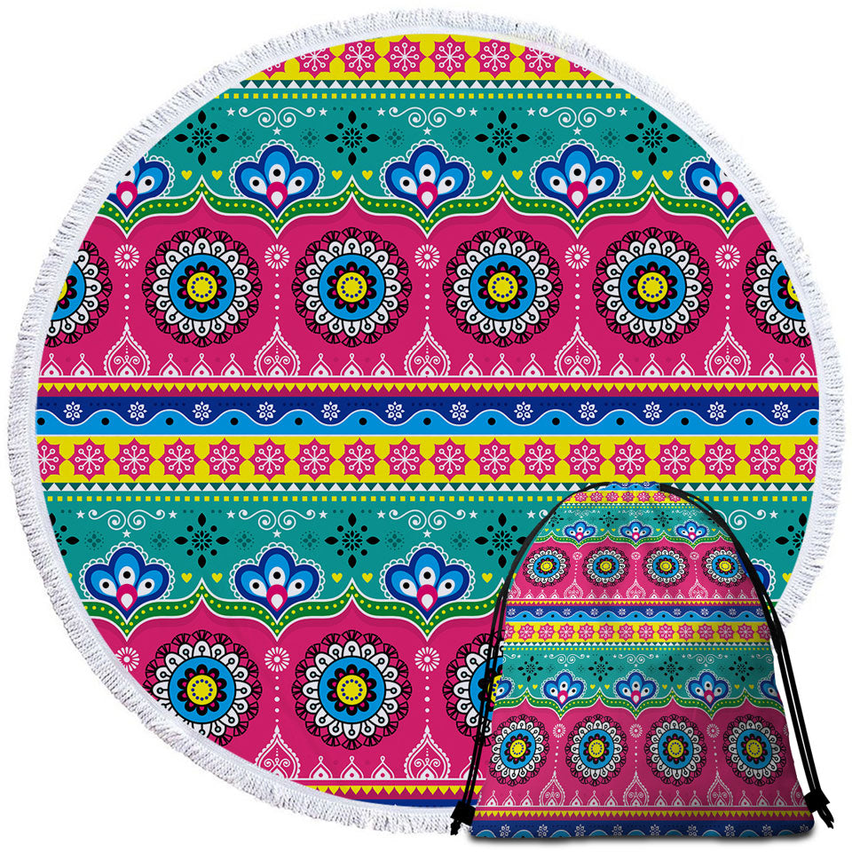 Multi Colored Round Beach Towel Festive Oriental Design