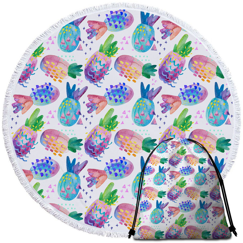 Multi Colored Round Beach Towels Painted Pineapples