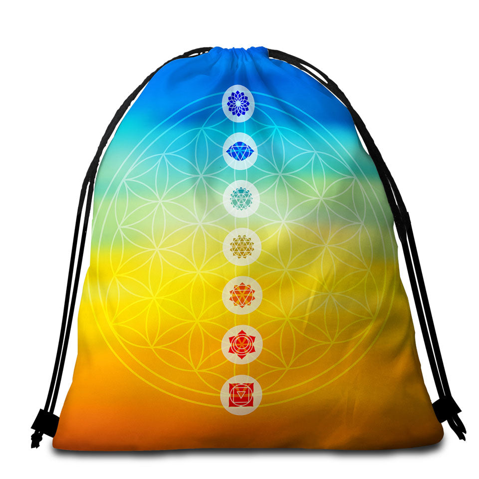 Multi Colored Spiritual Beach Towels and Bags Set Energy Yoga Symbols
