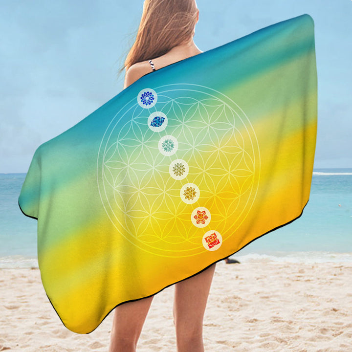 Multi Colored Spiritual Lightweight Beach Towel Energy Yoga Symbols