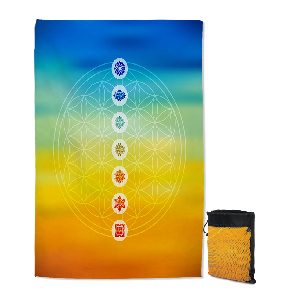 Multi Colored Spiritual Quick Dry Beach Towel Energy Yoga Symbols