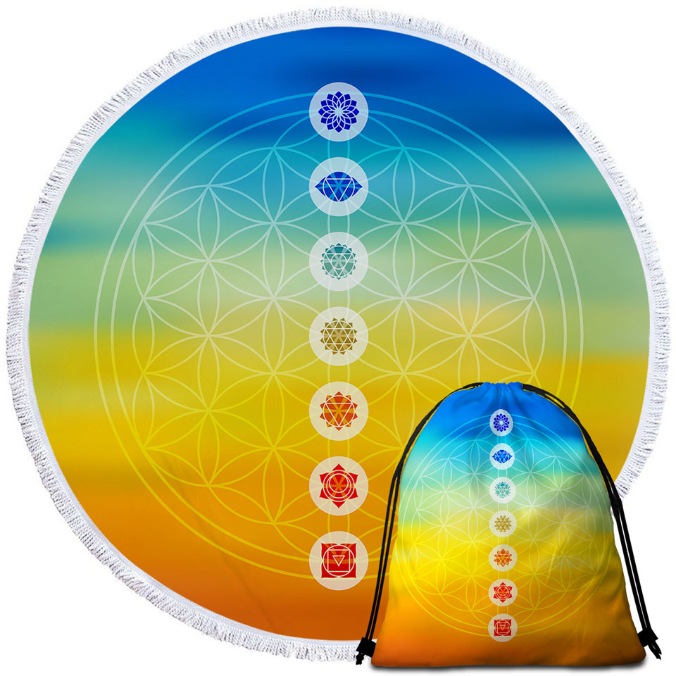 Multi Colored Spiritual Round Beach Towel Energy Yoga Symbols