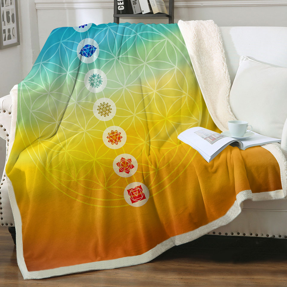 Multi Colored Spiritual Sherpa Blanket Energy Yoga Symbols