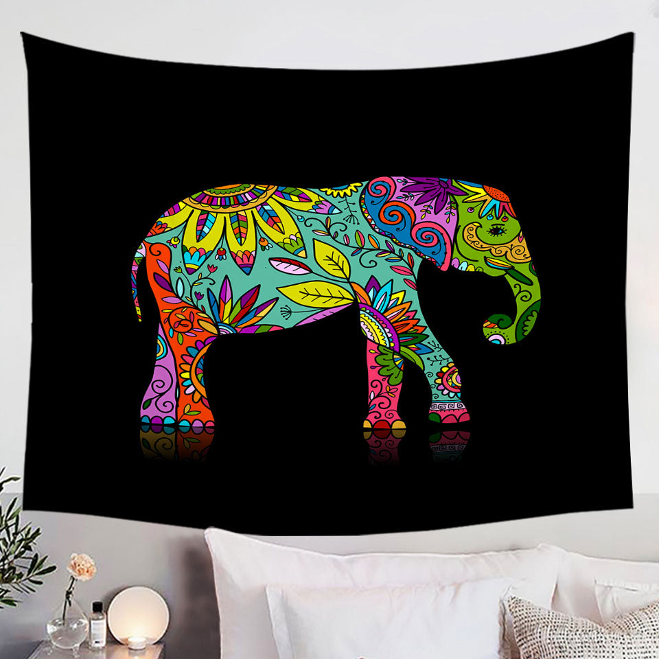 Multi Colored Wall Decor Tapestry with Floral Elephant