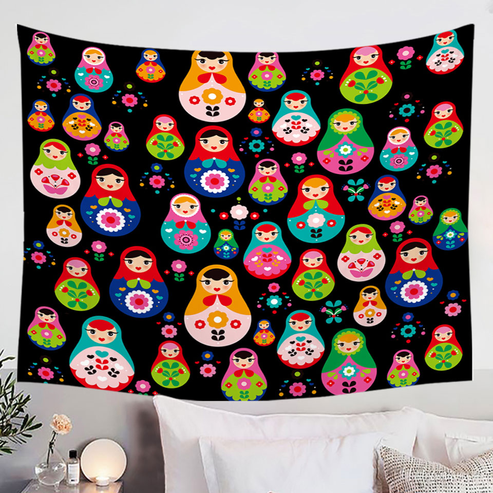 Multi Colored Wall Decor Tapestry with Matryoshka Russian Doll