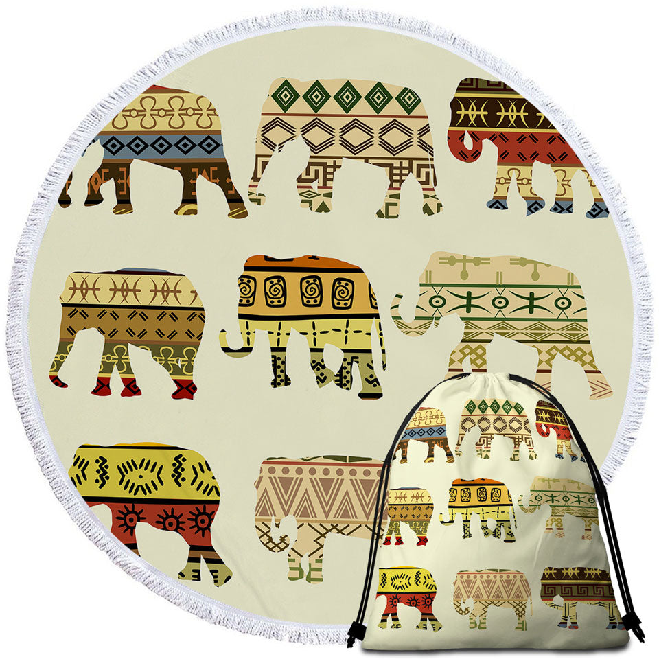 Multi Patterns Elephants Round Beach Towel