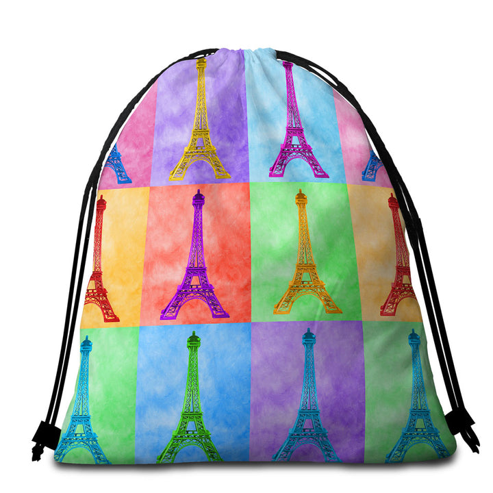 Multicolored Eiffel Tower Beach Towel Bags