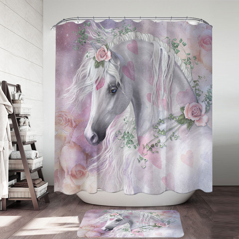 My Sweet Valentine Pinkish Hearts Roses Unicorn Shower Curtain for Girl