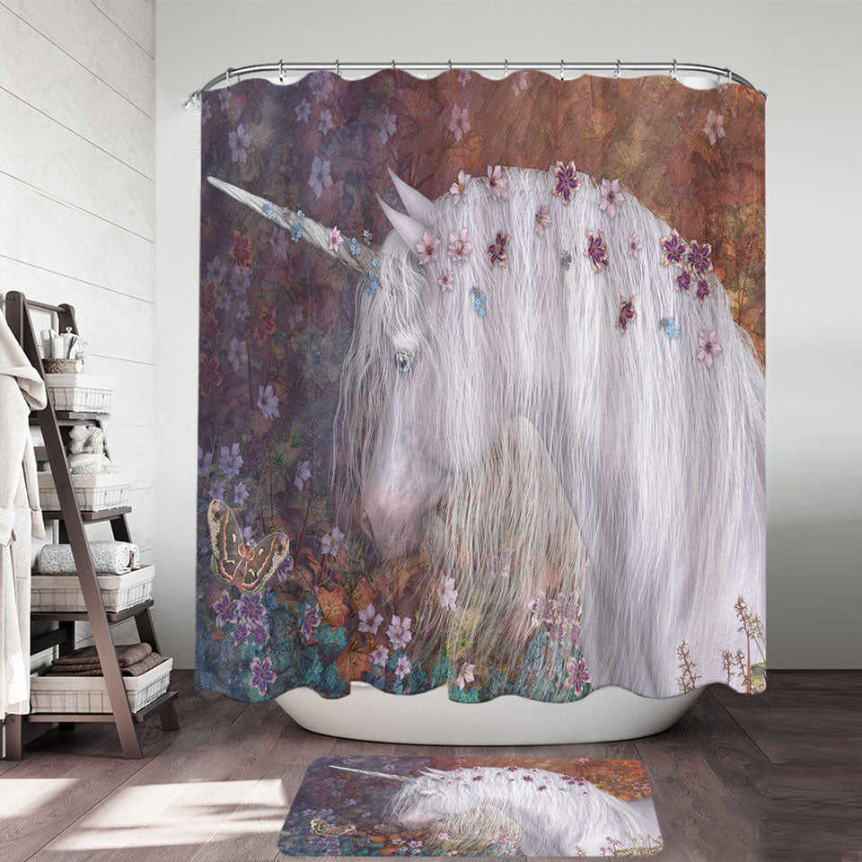 Mystic Spring Fantasy Art Floral Unicorn Fabric Shower Curtains for Girls
