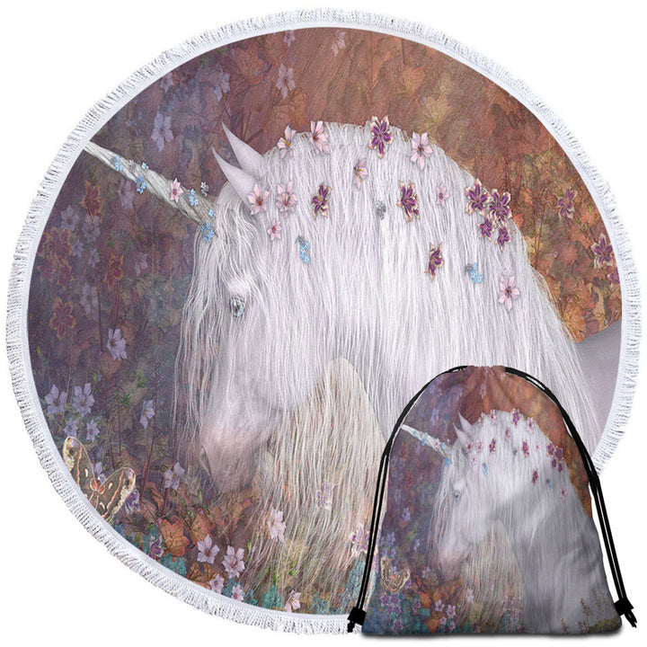 Mystic Spring Fantasy Art Floral Unicorn Round Beach Towel for Girls