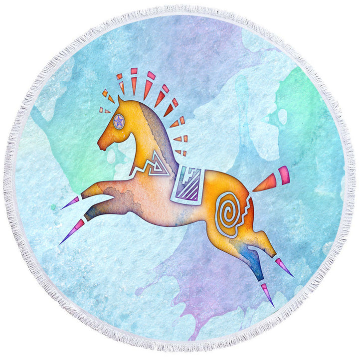 Native American Animal Art Painted Horse Pony Round Beach Towel