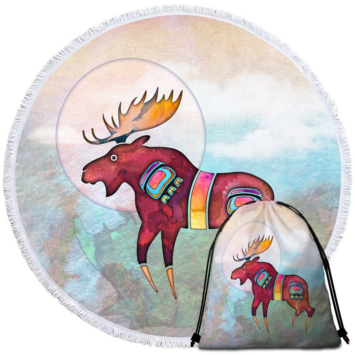 Native American Animal Art Painted Moose Circle Beach Towel