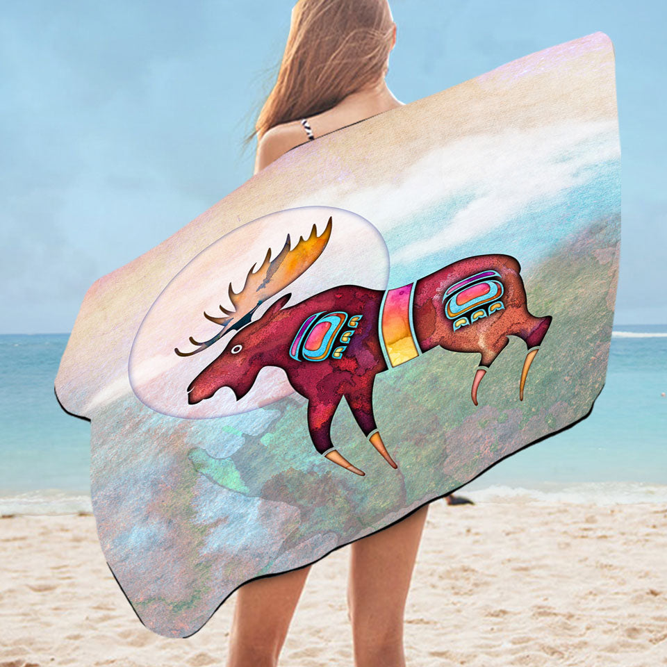 Native American Animal Art Painted Moose Microfibre Beach Towels