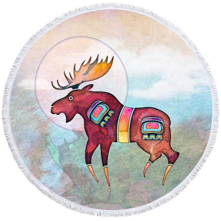Native American Animal Art Painted Moose Round Beach Towel