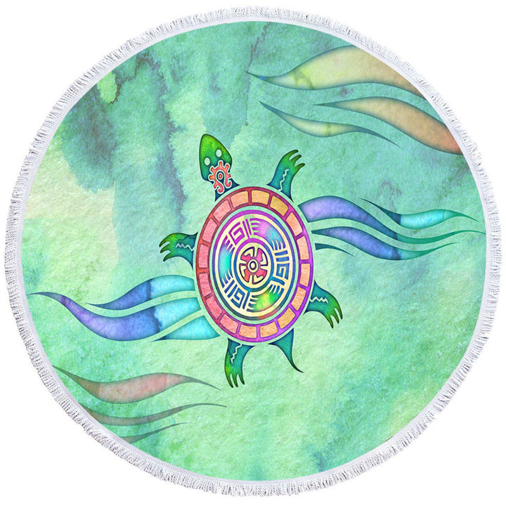 Native American Animal Art Painted Turtle Round Beach Towel