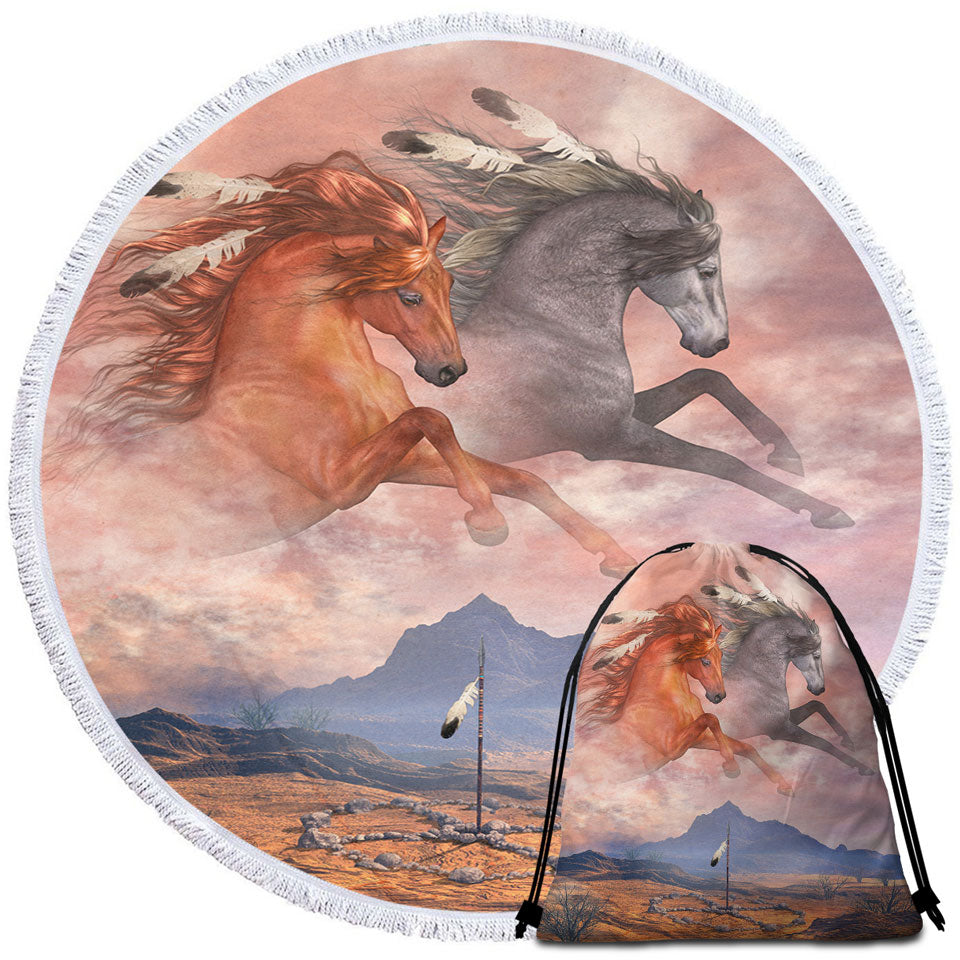 Native American Art Beach Towels Medicine Wheel Horses