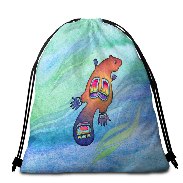 Native American Art Cute Painted Beaver Beach Bags and Towels