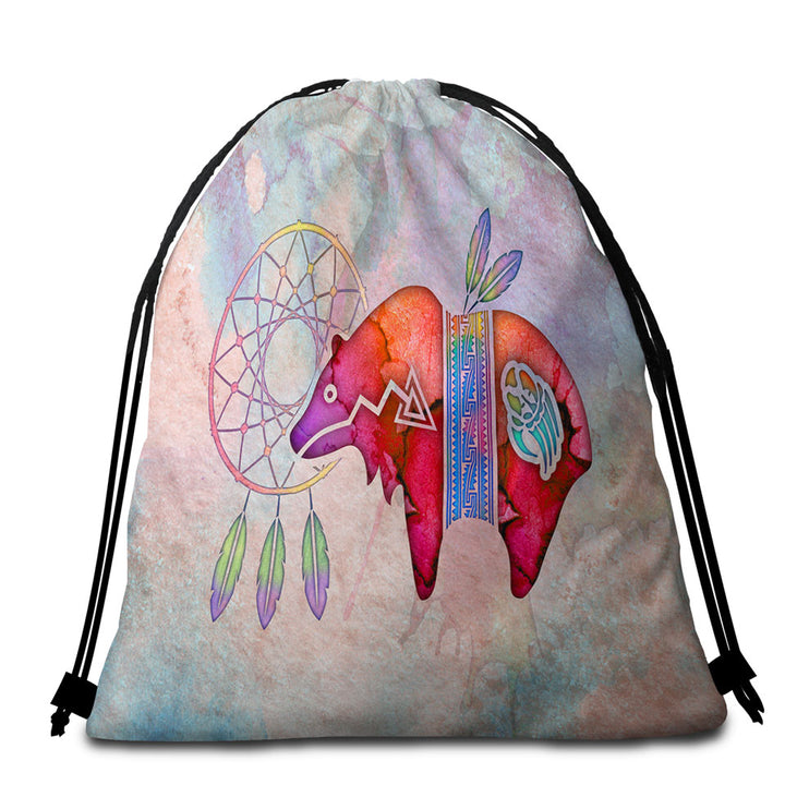 Native American Art Painted Dream Catcher and Bear Beach Towel Bags