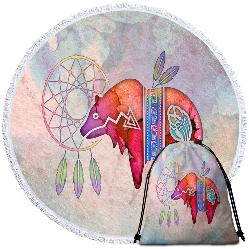 Native American Art Painted Dream Catcher and Bear Beach Towels