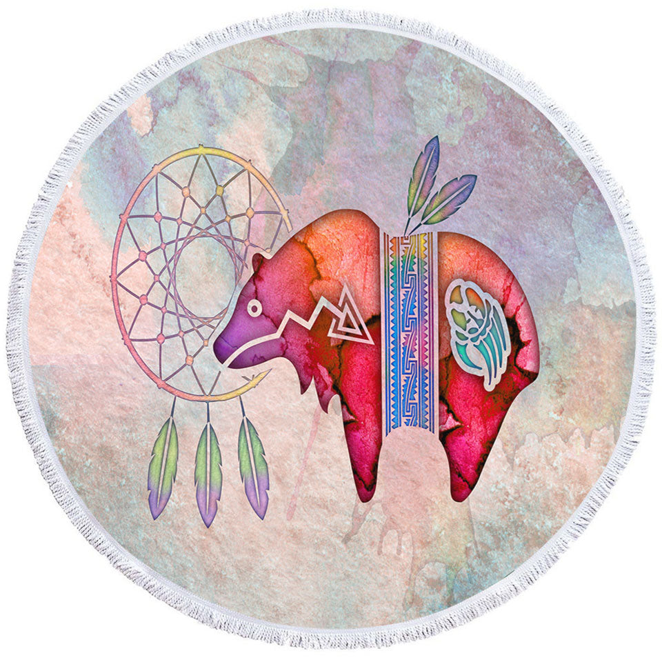Native American Art Painted Dream Catcher and Bear Round Beach Towel