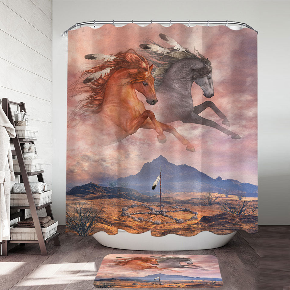 Native American Art Shower Curtains Medicine Wheel Horses