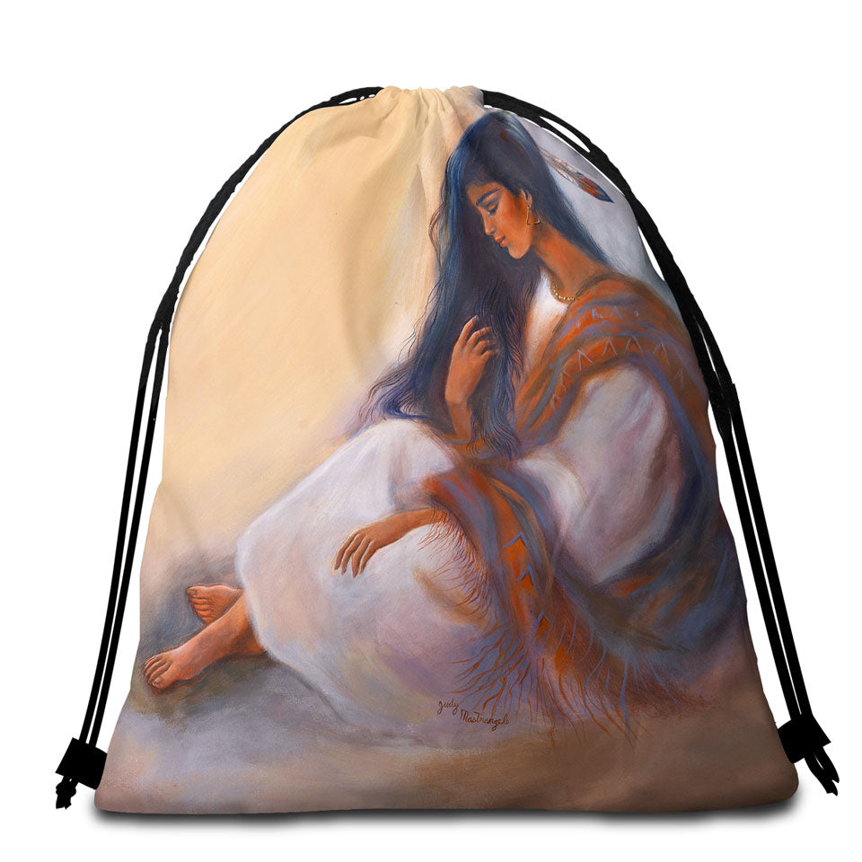 Native American Art Sitting Beautiful Indian Girl Beach Towel Bags