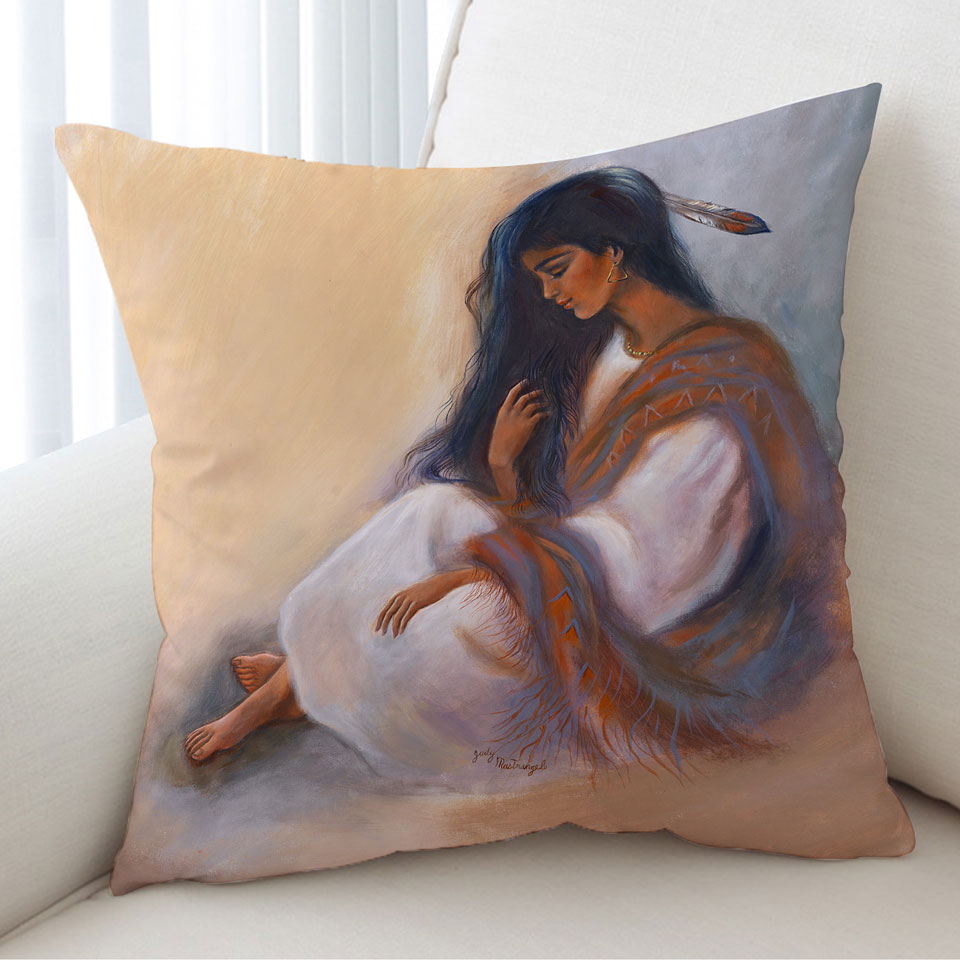 Native American Art Sitting Beautiful Indian Girl Cushion