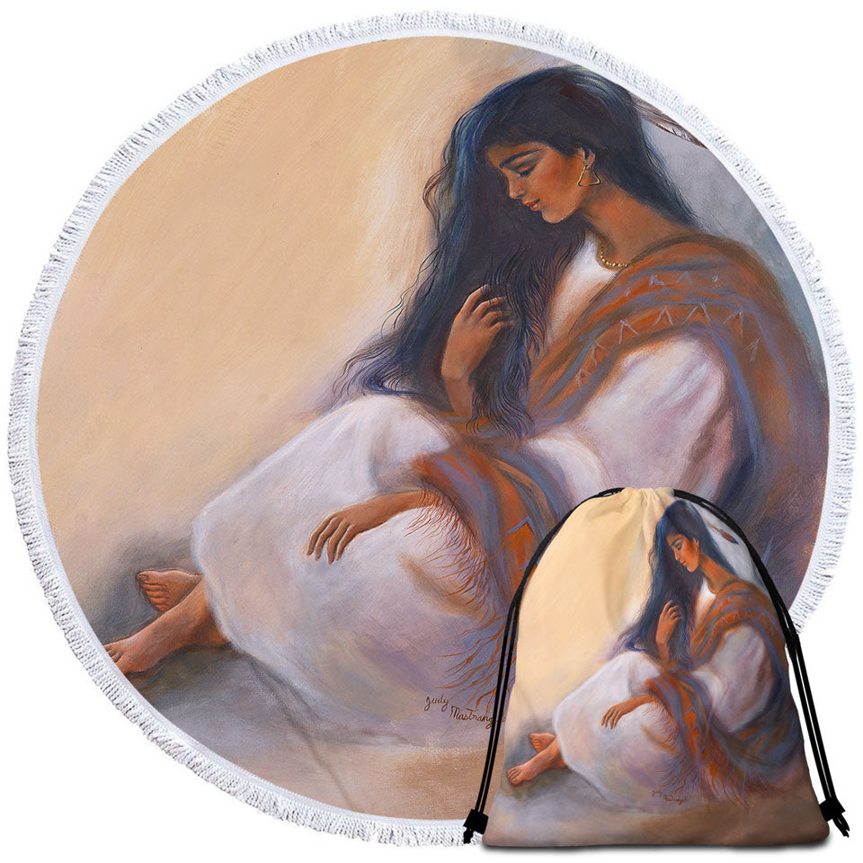 Native American Art Sitting Beautiful Indian Girl Round Beach Towel