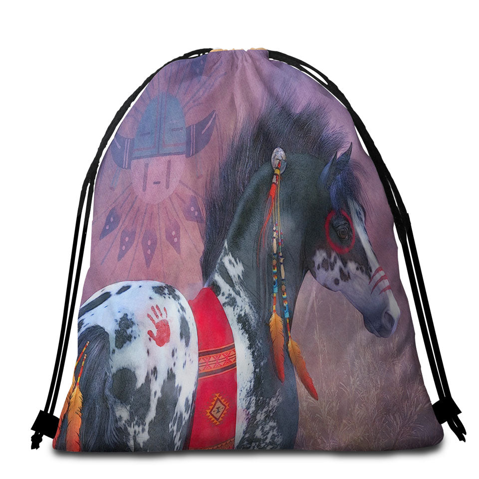 Native American Art on Painted War Pony Horse Beach Bags and Towels