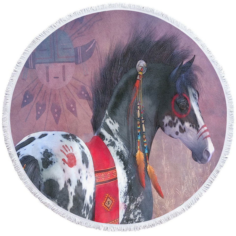 Native American Art on Painted War Pony Horse Round Beach Towel