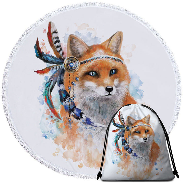 Native American Fox Round Beach Towel