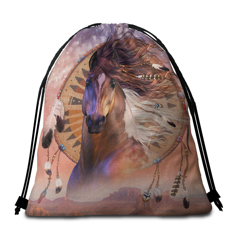 Native American Horse Spirit and Dream Catcher Beach Towel Bags