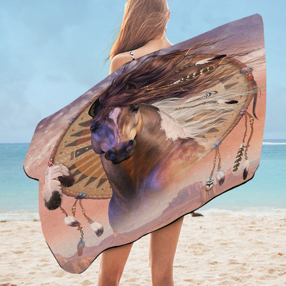 Native American Horse Spirit and Dream Catcher Unique Beach Towels