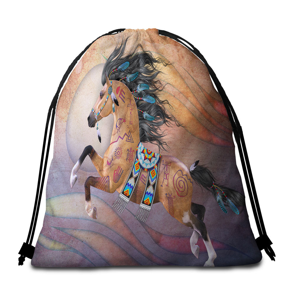 Native American Horse with Native Art Beach Towel Bags