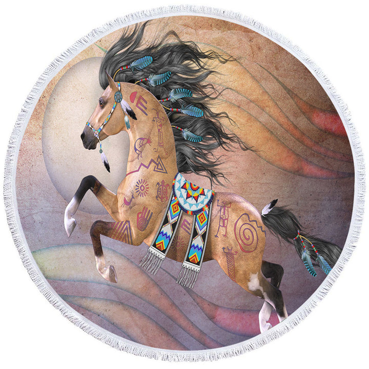 Native American Horse with Native Art Round Beach Towel
