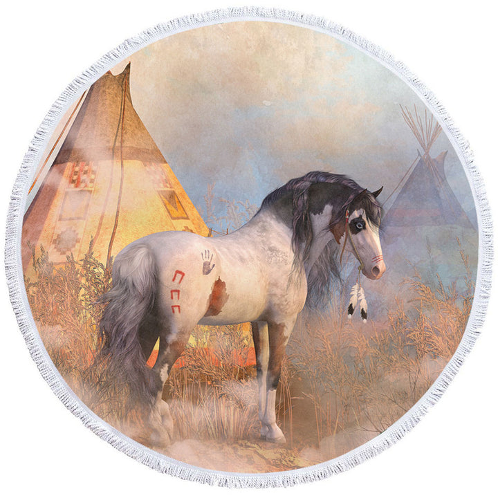 Native American Round Beach Towel Art Dawn Warrior Horse