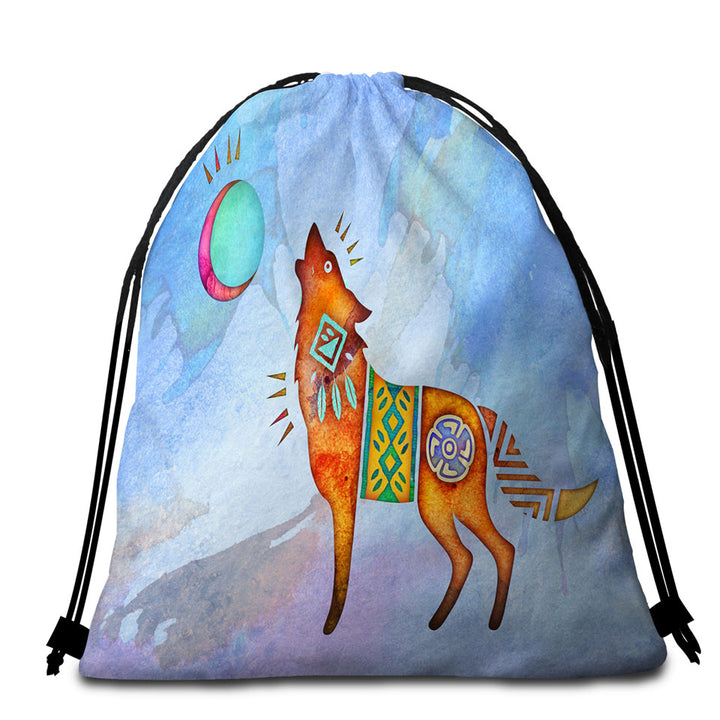 Native American Wild Animal Art Painted Wolf Beach Towel Bags