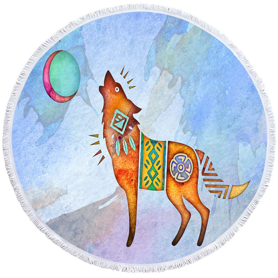 Native American Wild Animal Art Painted Wolf Circle Beach Towel