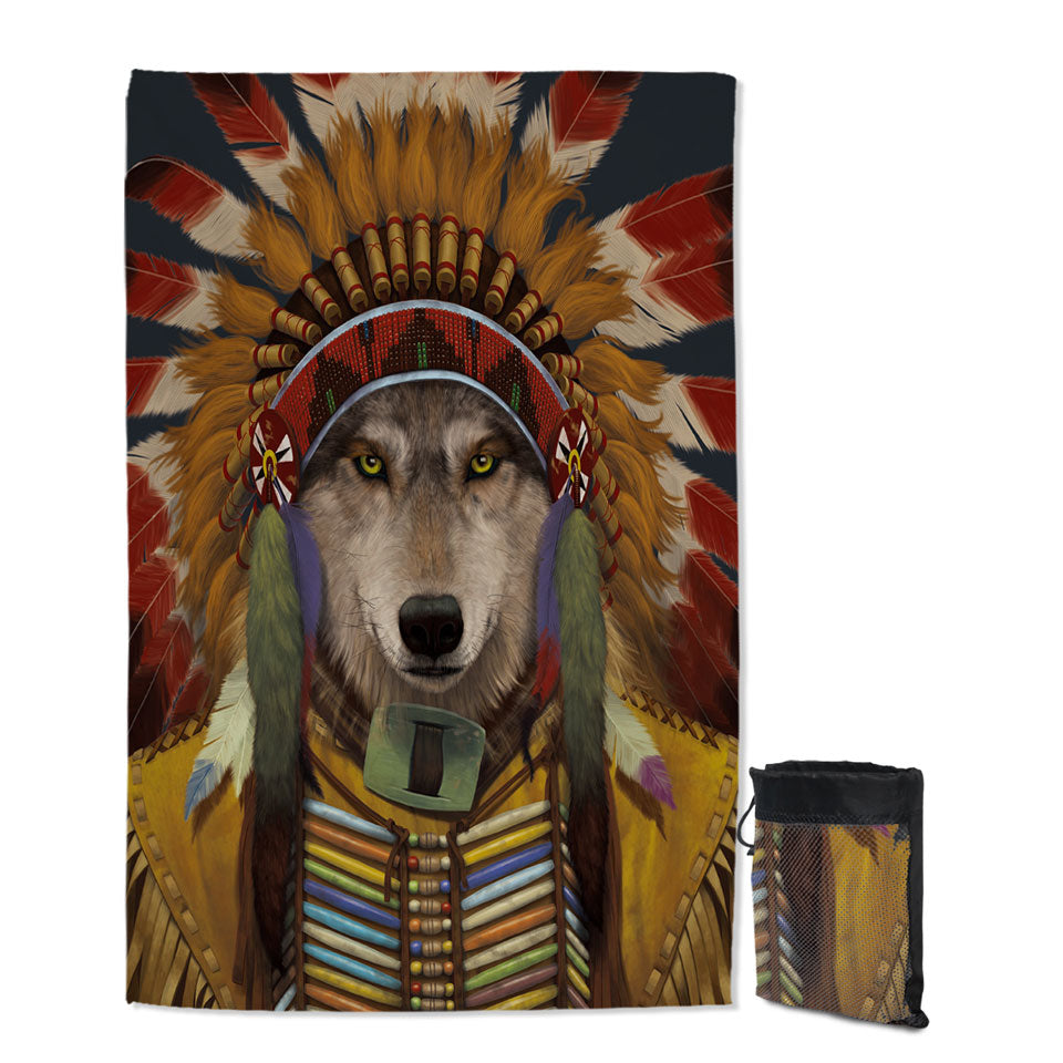 Native American Wolf Spirit Chief Beach Towels
