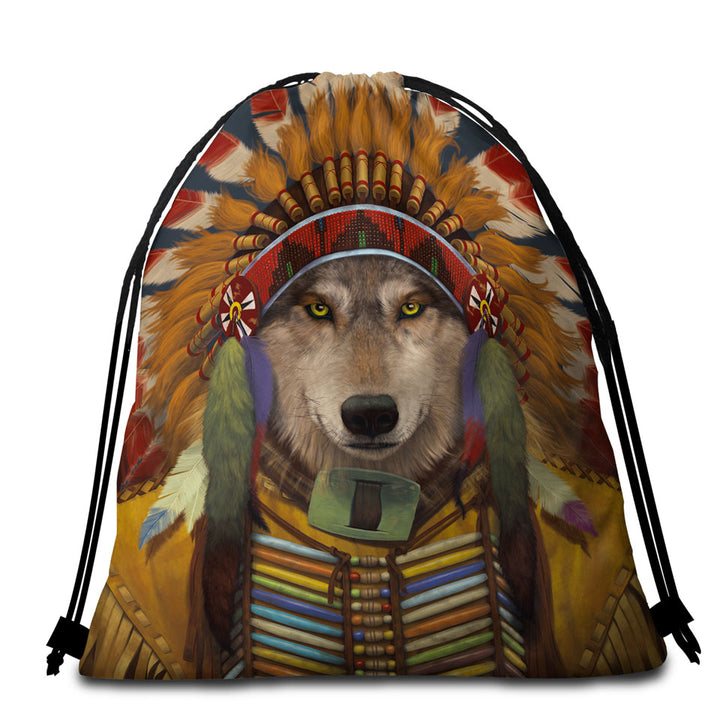 Native American Wolf Spirit Chief Beach bags and Towels