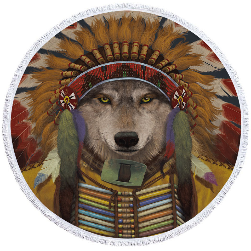 Native American Wolf Spirit Chief Circle Beach Towel