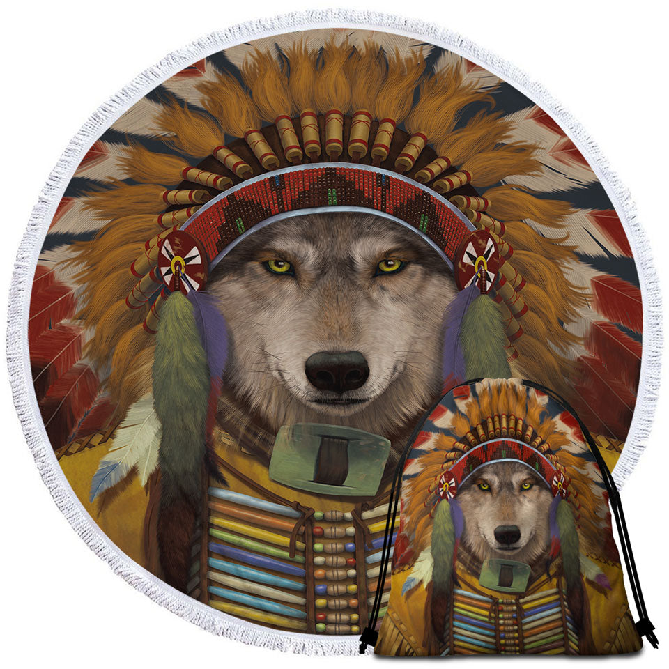 Native American Wolf Spirit Chief Round Beach Towel