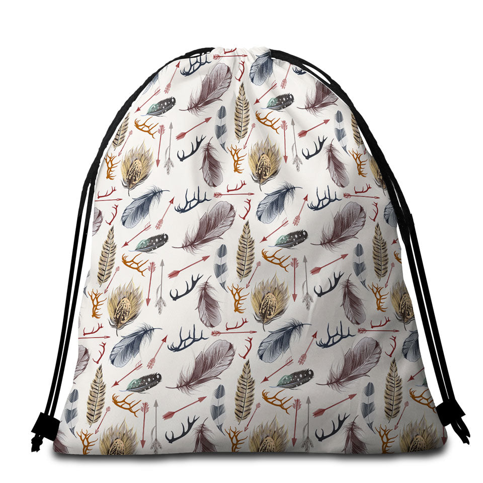 Native Pattern Beach Towel Bags Deer Antlers Arrows and Feathers